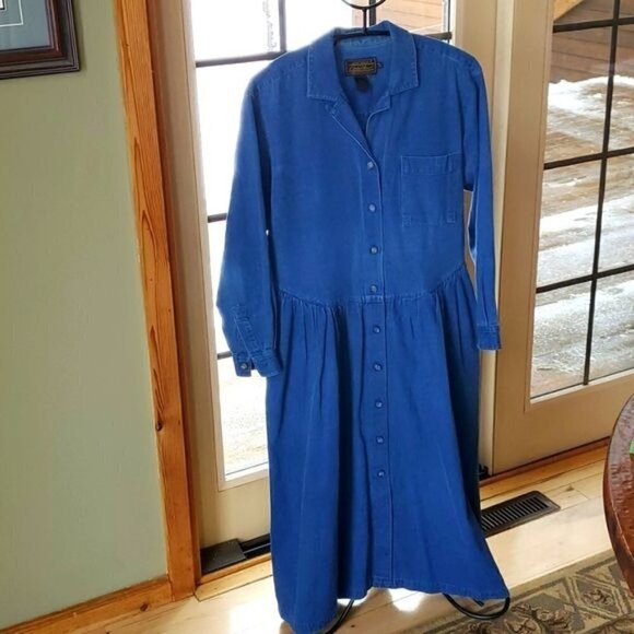Eddie Bauer Blue Jean Dotted Pocketed‎ Button Down LS Sz M Dress - Picture 1 of 13